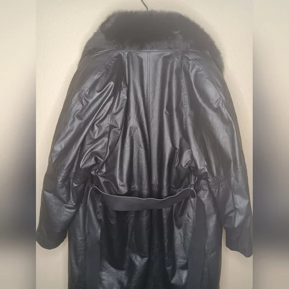 Vintage CAROLE LITTLE Women's L Trench Coat Belted Black Fur Collar Penny - Picture 3 of 6